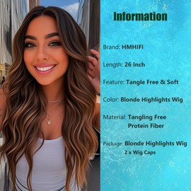 Long Brown Blonde Highlights Wigs for Women 26inch Wavy Curly Wig Natural Looking Middle Part Synthetic Heat Resistant Hair Replacement Wigs for Daily