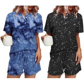 Ekouaer 2 Piece Women's Pyjamas Short Pyjamas Set Short Sleeve Sleepwear Summer Two Piece Pjs Sets Women Sleepwear S-XXL, Tie colour + starry sky Gp5