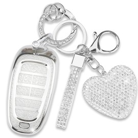 Simocky Fit for Hyundai Key Fob Cover with Diamond Keychain, Compatible with Hyundai 2024 2023 2022 Sonata Santa Fe Nexo Tucson Palisade Smart Key Protector for Women (7 Buttons, Silver)