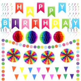 QGGTQG Geburtstagsdeko Set, Wiederverwendbare Regenbogen Happy Birthday Partydeko Bunt Geburtstag Party Deko mit Happy Birthday Girlande, Geburtstag Wimpelkette, Wabenbälle, Papierfächer