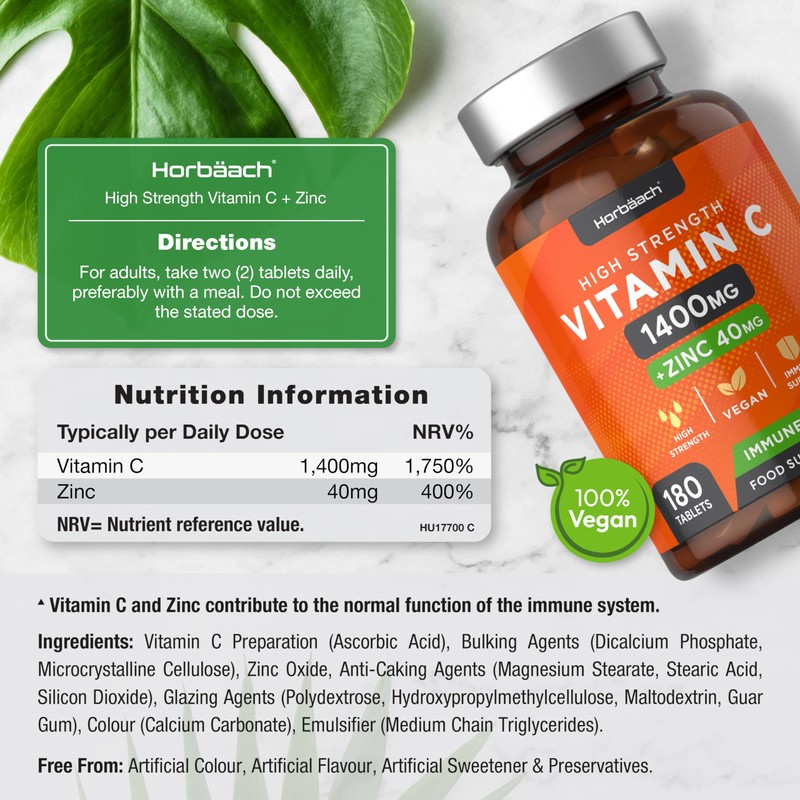Vitamin C and Zinc | 180 Vegan Tablets | High