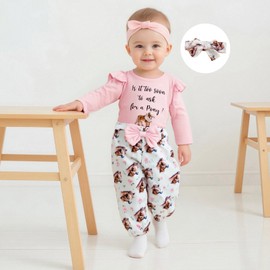 Fufuriprefer Western Baby Girl Clothes Horse/Boots Print Long Sleeve Romper + Pants + Headband Newborn Infant Cute 3PCS Set (Pink, 3-6 Months)