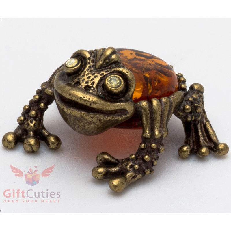 Russian Solid Brass Amber Figurine Feng Shui Frog Toad Totem
