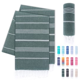 LAYNENBURG Set of 2 Premium Hammam Towels with Hand-Knotted Fringes - 100% Cotton - XXL Beach Towel, 100 x 200 cm - Oeko-Tex 100 - Large Beach Towel - Sauna Towel and Travel Towel (Dark Green)