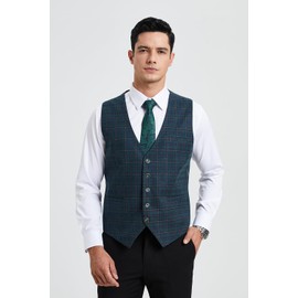 HISDERN Men's Formal Waistcoat Wedding Waistcoats Plaid Classic Check Gents Party Business Dress Suit Vest Green XXL