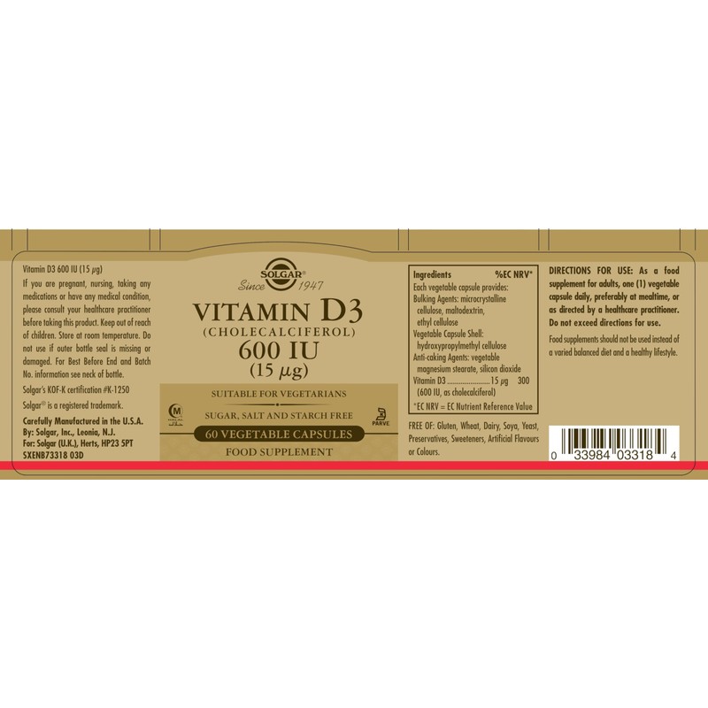 Solgar Vitamin D3 (Cholecalciferol) 600 IU (15 µg) Vegetable Capsules