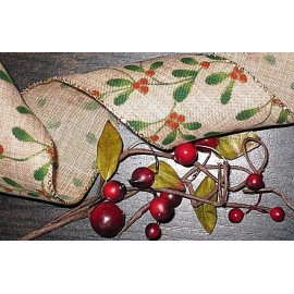 na 5 Yds. Mistletoe & Berry Ribbon Linen Look for TREE Topper Wreath, Swag  cr