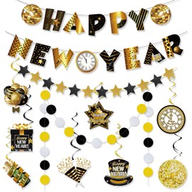 11 Pieces New Year's Eve Decoration 2026, Black Gold Happy New Year Decoration Set, Happy New Year Banner Garland Spiral Streamer for Home New Year Decoration New Year's Eve Decoration