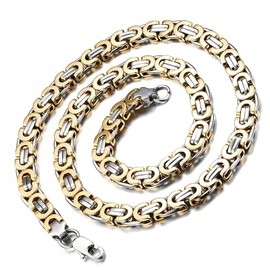 Flongo Men's Byzantine Chain, Men's Chain, 9 mm Wide Stainless Steel Necklace, Chains, Black Silver Rose Gold Chain, 57 cm, Rau Rock Men's Accessories, Stainless Steel, Silver-Gold