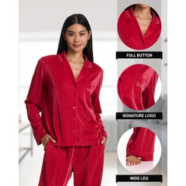 bebe Women’s Shimmer Notch Collar Long Sleeve Pajama Set with Rhinestone Accents (Crimson, Large)
