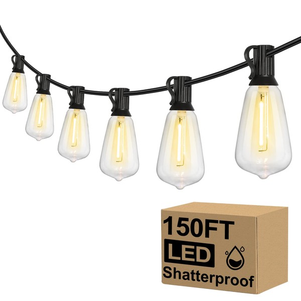 Brightever Outdoor String Lights 150FT, Patio Lights with 75+2 Dimmable ST38 Shatterproof LED Bulbs, Vintage Edison String Lights for Outside, Waterproof Bistro Lights for Halloween Backyard 2700K