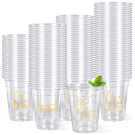 FYSUIMU 120Pcs Wedding Plastic Cups 12Oz Gold Mr and Mrs Disposable Clear Drinking Cups for Wedding Bride Shower Party Supplies, 4 Designs