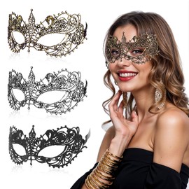 KFHENSOMR Masquerade Mask for Women 3 Pcs Fancy Dress Adult Lace Face Masks for Couples Vintage Masquerade Ball Masks Women Man Lace Headpiece Disguise for Costumes (Black/Gold/Silver)