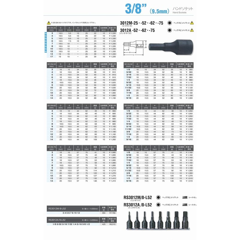 Koken 3/8 inch (9.5 mm) SQ. Hex Bit Socket, Total