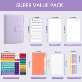 JUNART A6 Budget Binder with Cash Envelopes, Money Saving Binder Budget Wallet with Cash Binder Pocket, Budget Planner, Stickers, Budget Book for Teenager Student Adult(Purple)