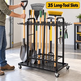 SOYEEZE 3 Tier Garden Tool Organizer Cart, Heavy Duty Metal Rack with 35 Tool Slots, 12 Side Hooks and Lockable Wheels