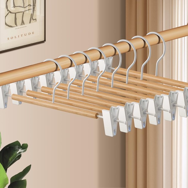 HWAJAN Wooden Pants Hangers with Clips 20 Pack Adjustable Wood