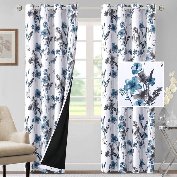H.VERSAILTEX 100% Blackout Curtains 84 inch Length 2 Panels Set Cattleya Floral Printed Drapes Leah Floral Thermal Curtains for Bedroom with Black Liner Sound Proof Curtains, Grey and Blue