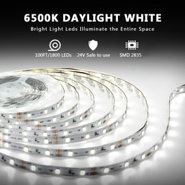 dalattin White LED Strip Lights 100ft, Dimmable Bright 24V Led Light Strip 6500K Daylight White 1800 LEDs Lights for Bedroom, Mirror, Kitchen, Strong Adhesive, 2 roll of 50ft
