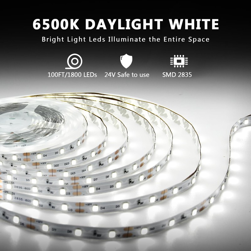 dalattin White LED Strip Lights 100ft, Dimmable Bright 24V Led