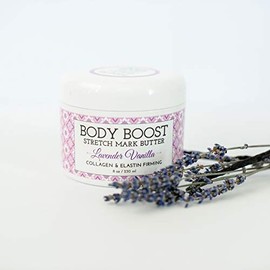 Body Boost - Mantequilla elástica de lavanda y vainilla (8 onzas), tratamiento de estrías y cicatrices, seguro para embarazo y lactancia, con manteca de karité