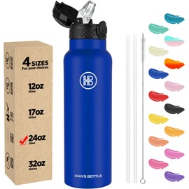 Han's Bottle Sports Water Bottle - 24 Oz, Straw Lid, Leak Proof, Vacuum Insulated Stainless Steel, Double Walled, Thermo Mug,Klein Blue