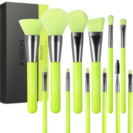 Docolor Juego de brochas de maquillaje, 10 brochas de base sintéticas Kabuki de alta calidad, para mezclar, polvos faciales, correctores, sombras de ojos, color verde neón