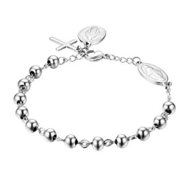 JewelryWe Jewellery Rosary Bracelet, Stainless Steel Virgin Mary Catholic Holy God Mother Cross Pendant, Pearl Ball Chain, Bangle, Bracelet for Men and Women Silver/Gold/Silver Gold, Stainless Steel, Silver