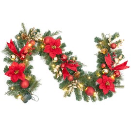 FairyLee Christmas Garland with 20 LED Lights, 6ft Pre Lit Xmas Garland with Artificial Flowers Pinecones Ball Ornaments, Battery Operated Christmas Lighted Garlands for Mantle Fireplace Stairs
