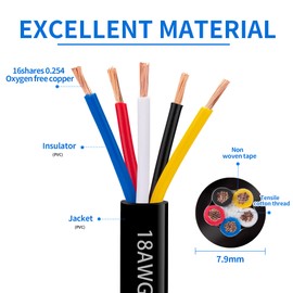 18 Gauge 5 Conductor Electrical Wire 18 AWG 5 Wire Oxygen-Free Copper PVC Stranded 50FT 18/5 Wire for LED Lighting Outdoor Low Voltage Extension Cable, Automotive etc (18AWG-5C, 50FT)