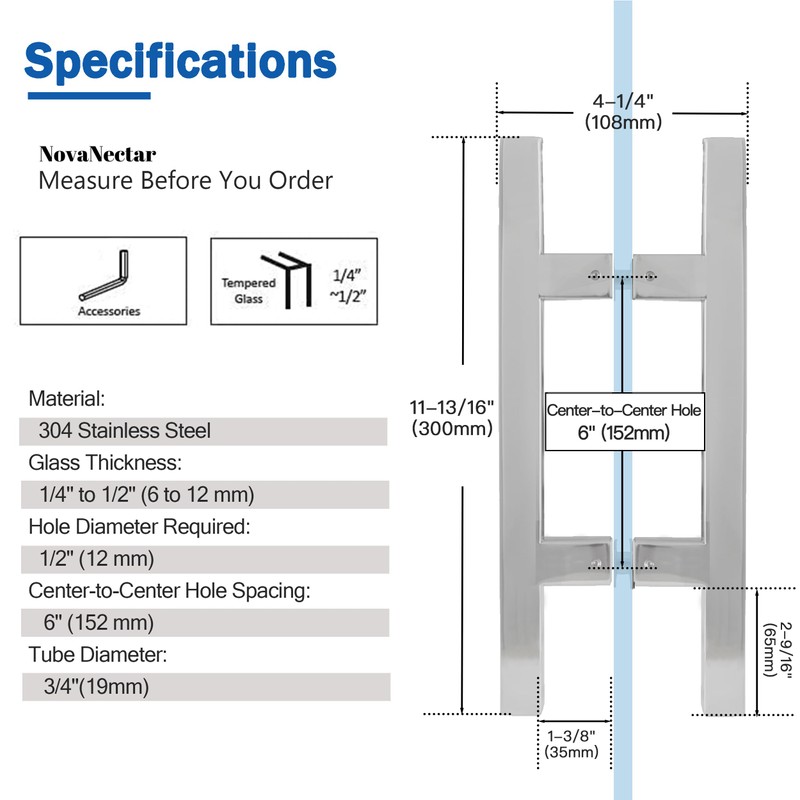 NovaNectar Square Ladder Pull Back-to-Back Handle, 304 Stainless Steel Bathroom