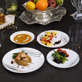 STACKABLES ~ 20 Pack Hard Plastic Plates ~ 8'' White Party Plates with Silver Design ~ Lightweight Dinnerware Reusable Dishware Plate Set for Weddings and Parties