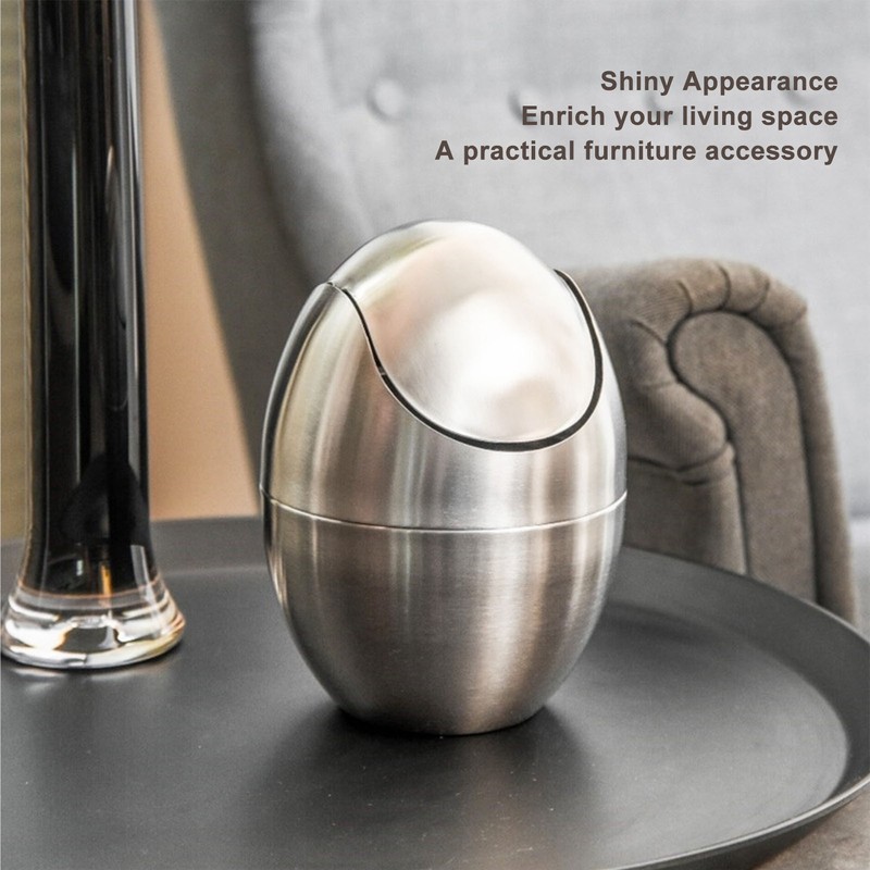 Desktop Trash Can Stainless Steel Egg Shape Mini Countertop Waste