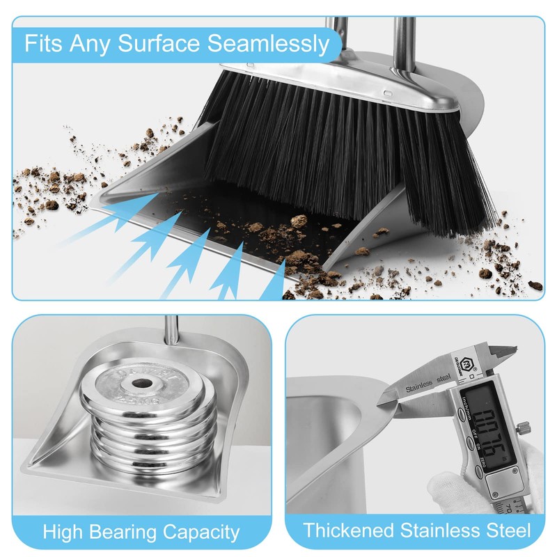 VOOWO Heavy Duty Broom and Dust pan Set, Stainless Steel