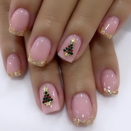 24Pcs Christmas Press on Nails Short Square Gold French Tip Fake Nails Gold Glitter Full Cover Tip Glue on Nails with Christmas Tress Rhinestones Charms Winter Holiday False Nails for Women Girls