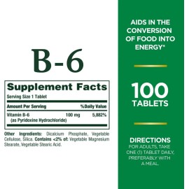 Vitamina B-6, 100 mg de Natures Bounty, 100 comprimidos, sabor sin sabor