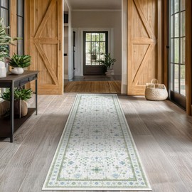 Oushak Wide Hallway Runner Rug 2'6"x8' - Vintage Turkish Floral, Washable Low Pile Non Slip Extra Long Runners for Kitchen, Hall Way - Cream Blue and Green