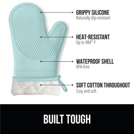 GORILLA GRIP BPA-Free Soft Silicone Oven Mitts, 14.5x8.3, Heat Resistant and Waterproof Cooking Gloves, Thick Cotton Lining, Flexible Gripping for Baking Grilling, Kitchen Potholders Set of 2, Mint