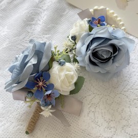WYcYcW 2PCS Rose Flower Wrist Corsage Boutonniere Set Handmade Artificial Corsage Set Bride Hand Flower Men Boutonniere for Wedding Party Prom Decorations (Blue)