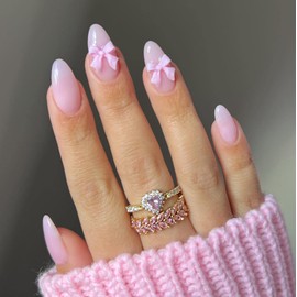 Pink Press on Nails Short Almond MABKJLF Fake Nails Light Pink Full Cover 5D Bow Charm False Nails with Designs Cute Acrylic Nails Glossy Glue on Nails Artificial Nails for Women Girls 24Pcs