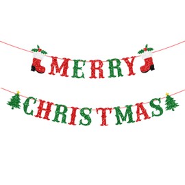 Merry Christmas Bunting Banner Glitter Hanging for Christmas Party Decorations Supplies Photo backdrop Holiday Mantle Fireplace Home Decor Red Green