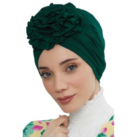 Aisha's Design Instant Turban Head Wraps For Women, 95% Cotton Pretied Hijab Scarves, Rose Detail, Dark Green