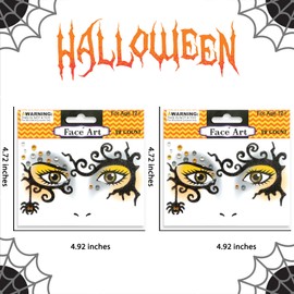 ​​Halloween Spider Branches Face Tattoos Stickers Glitter Yellow Rhinestone Face Art Sticker Spider Face Stickers with Glitter Gems Animal Temporary Tattoo for Eyeline Makeup Costume Parties 2Pcs