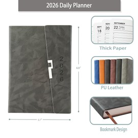 Daily Planner 2026 - Daily Calendar Planner(Jan - Dec 2026), One Page Per Day, Hourly Appointment Book with Time Slots, 5.7" x 8.3", Thick Paper (Grey)