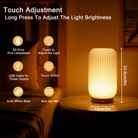 JHY DESIGN 3-Color Light Source Dimmable Touch Bedside Lamp 23.5cm High Button Control Table Lamp 3D Printed Nightstand Lamp with Woodbase for Bedroom Living Room Indoors(White, Type-C Charging)