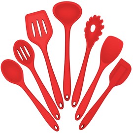 Silicone Cooking Utensils Set, E-far 7-Piece Red Heat Resistant Kitchen Utensils Set, Kitchen Nonstick Tools Spatula Ladle Spoon Pasta Server for Non-stick Cookware, Non-Toxic & Dishwasher safe