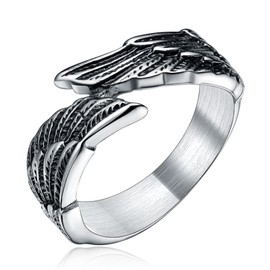 TIGRADE Antique Stainless Steel Ring Feather Angel Wing Cast Black Silver Band Size 5-14.5 (Black,7)
