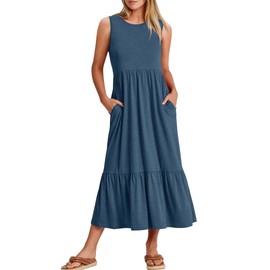 ANRABESS Women Summer Casual Sleeveless Crewneck Sundress Aline Flowy Tiered Maxi Long Beach Dress Vacation Outfits XX-Large Blue
