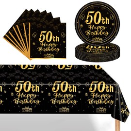 Black Gold 50th Birthday Party Tableware Set, Disposable Plates 7 Inch Napkins Plastic Rectangular Tablecloth, 37 Pieces Black Gold Party Tableware Set for Men Women 50th Birthday Party Decorations