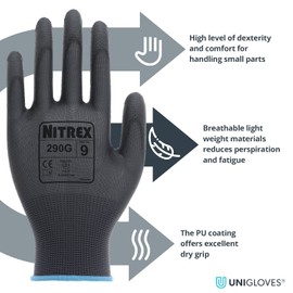 NITREX 290G Work and Safety Gloves - 10 Pairs - General Handling Gloves with Polyurethane Palm Coating - Abrasion and Tearing Resistance - Mechanical and Industrial Protection - Size 7